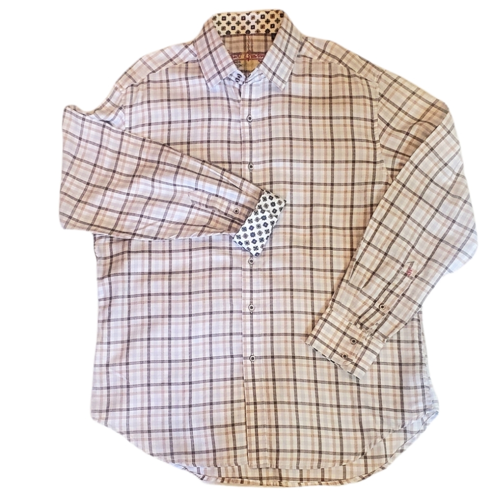Robert Graham Plaid Shirt Geometric Cuff Sz XL Brown/Cream
